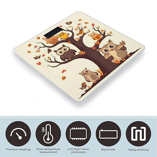 Cartoon Family Owls On The Brown Tree Scale for Body Weight Highly Accurate Digital Bathroom Scale Sturdy Tempered Glass Weighing Scales with LCD Display Fashion Body Fat Smart Scales 400lb
