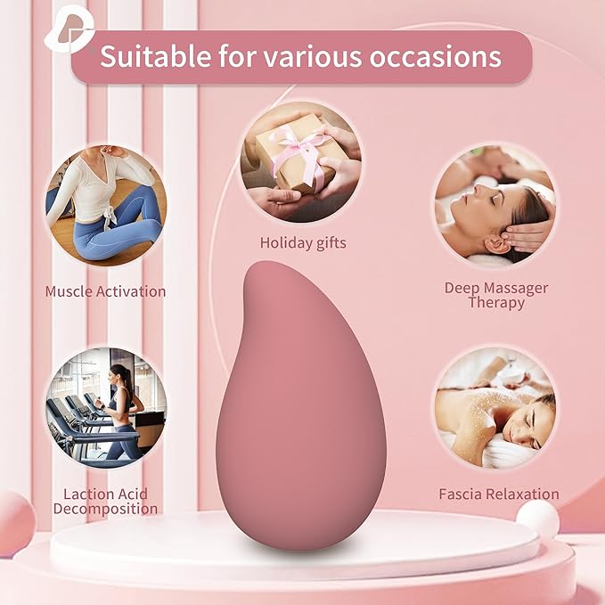 Mango-Shaped Relaxation Muscles Massage Tool for Shoulder Neck and Back Soft Rechargeable Waterproof Handheld Cordless Massager - for Soothing Pain Tension Stiffness and Fatigue - Light Rose
