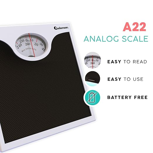 Adamson A22 Bathroom Scale for Body Weight - Up to 260 LB - Anti-Skid Rubber Surface - Analog Bathroom Weight Scales