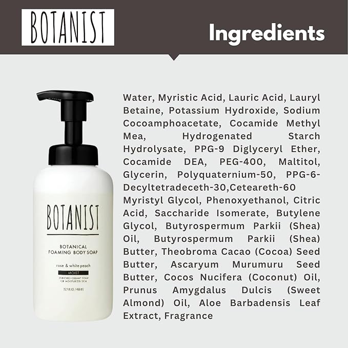 Botanist Foaming Body Wash for Women &amp Baby Moisturizing Body Wash for Sensitive Skin with Shea Butter Almond Oil Cocoa Butter Made in Japan Sulfate &amp Paraben Free 30.4 Fl Oz Rose&amp Whi