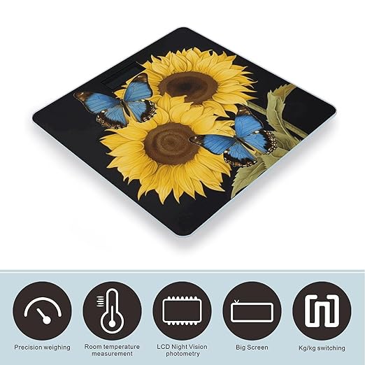 Yellow Sunflowers with Blue Butterflies Bathroom Scale for Body Weight Bathroom Weighing Scale with Backlit LCD Display Highly Accurate Measures Weight Up to 180kg