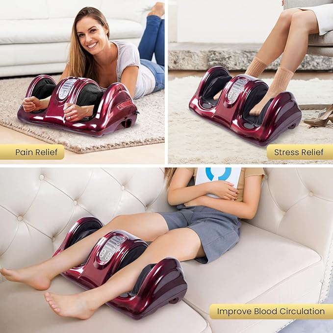 WELLHUT Foot Massager Machine Shiatsu Foot and Calf Massager for Ankle Calf Leg Arm Shiatsu Kneading Rolling Feet Massager Machine Gifts for Men and Women Burgundy