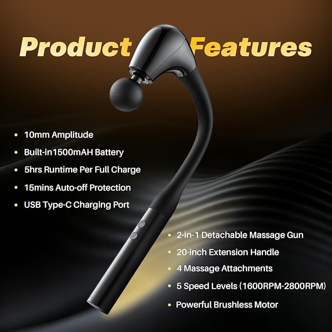 G4D Fascia Gun with Detachable U-Shape Long Handle 10mm Deep Tissue Percussion Brushless Motor Up to 2800 RPM Type-C Fast Charging Includes 4 Massage Heads for Back Neck Shoulder Relief