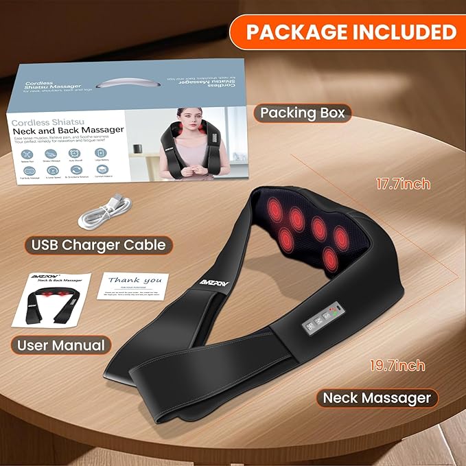 AMZPONY® Cordless Neck Massager for Pain Relief Deep Tissue Rechargeable Shiatsu Neck and Back Massager with Heat Kneading Shoulder Massage for Body Muscle Pain ReliefGifts for Dad Mom Friends