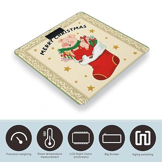 Christmas Pig Print Scale for Body Weight Sturdy Tempered Glass Weighing Scales with LCD Display Accurate Digital Bathroom Scale Convenient Body Fat Smart Scales Easy Read
