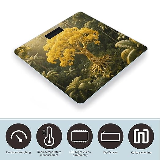 Yellow Tree of Life Design Bathroom Scale for Body Weight Bathroom Digital Electronic Weighing Scale with Back Lit LED Display Sturdy Tempered Glass Weight Watchers Scales 400lb