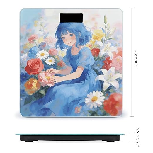 Blue Girl and Flowers Weight ScaleClear LED Display Bathroom Digital Weighing ScaleTempered Glass Digital Bathroom Scale for Body Weight Capacity Up to 400 Lbs