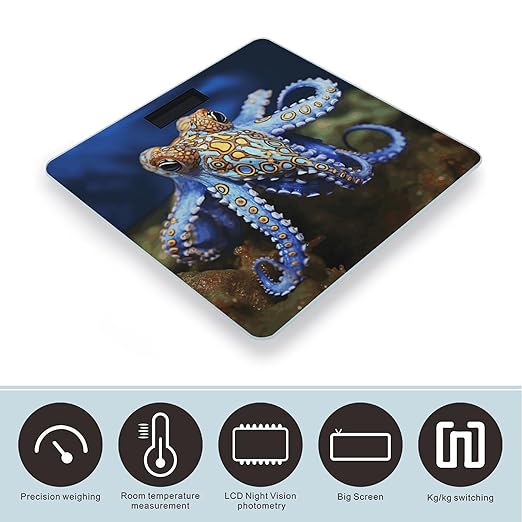 Blue Ringed Octopus Scale for Body Weight Safe Rounded Corners Tempered Glass Digital Bathroom Scale LED Display 400lb Capacity Weight Scales with High Precision Sensors