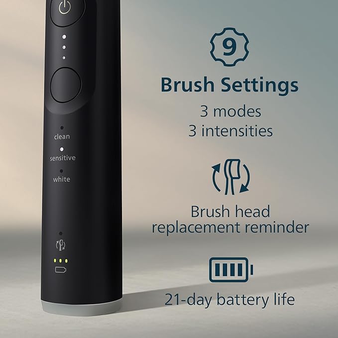 Philips Sonicare 6700 Series Electric Toothbrush - Next-Generation Sonicare Technology Pressure Sensor 9 Brushing Settings SmarTimer BrushPacer 21-Day Runtime Travel Case Black HX7411/06