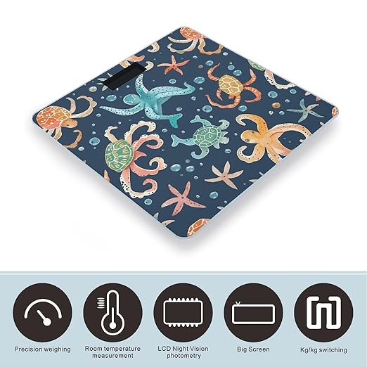 Turtle Octopus Pattern Ocean Theme Scale for Body Weight Smart Scales Digital Bathroom Scale High Precision Weighing Scales with Large Display Weighing Machine for People