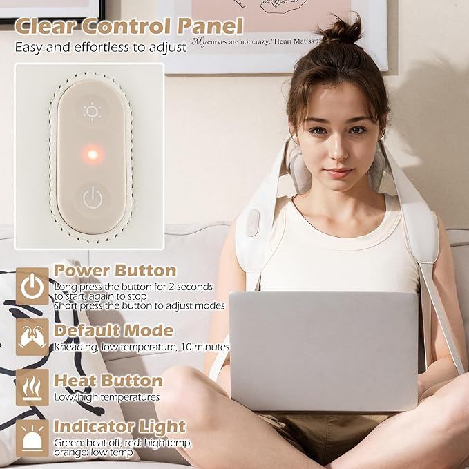 COSTWAY Neck Shoulder Massager 4D Deep Tissue Kneading Shiatsu Machine with 2 Heat Levels for Pain Relief Portable Cordless Neck Back Leg Massage Pillow Gift for Family Women Men Beige