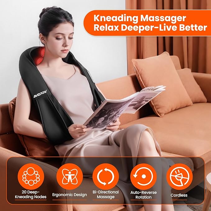 AMZPONY® Cordless Neck Massager for Pain Relief Deep Tissue Rechargeable Shiatsu Neck and Back Massager with Heat Kneading Shoulder Massage for Body Muscle Pain ReliefGifts for Dad Mom Friends