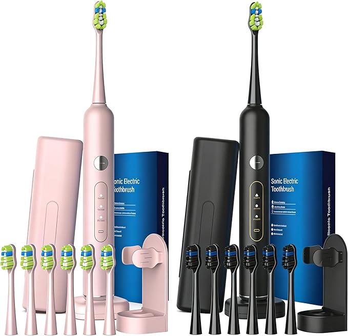 Electric Toothbrush for Adults Rechargeable Sonic Toothbrush IPX7 Waterproof Travel Toothbrush Set with Case 8 Brush Heads Charger 2-Min Smart Timer One Charge Last 60 Days(Pink Black)