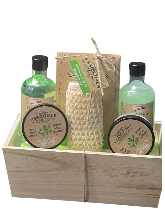 Gift Sets for Bath Spa Shower |6-piece wellness set|260ml shower gel 260ml bubble bath300g bath salt50ml body scrub50ml body lotionsisal pad feature: In wooden Basket.