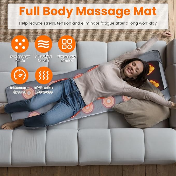 Full Body Massage Mat with Heat with Inflatable Head Pillow Electric Vibration Massage Pad Back Massager for Chair 10 Motors 9 Modes 3 Heat Levels Lumbar Pillow for Home Office Women Men Gift
