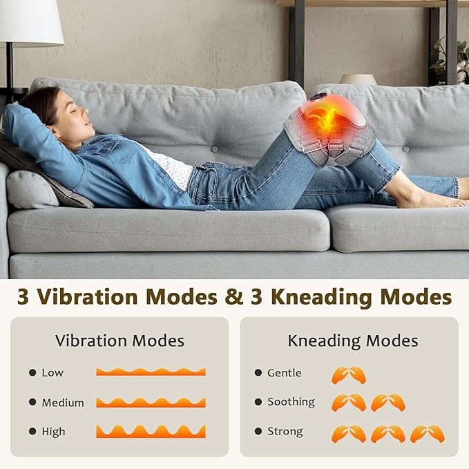 Electric Knee Massager with Heat 3 Heating and Vibration and Kneading Modes Deep Relaxation Relief Fatigue 5000mAh Battery Portable Cordless Adjustable Straps Gift for Men Women Gray 1 Pack
