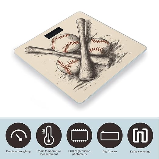 Hand Drawn Baseball Bats and Ball Weight ScaleClear LED Display Bathroom Digital Weighing ScaleTempered Glass Digital Bathroom Scale for Body Weight Capacity Up to 400 Lbs