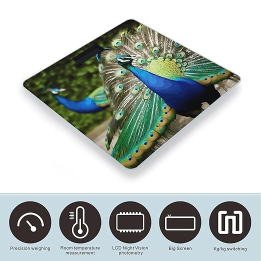 Beautiful Peacock Scale with LCD Precision Weighing Scales Sturdy Tempered Glass Weight Scales Easy-to-Read Anti-Slip Weight Digital Bathroom Scale for Daily