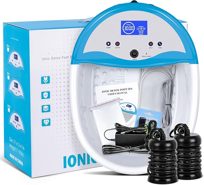 Ionic Foot Bath Detox Machine Ion Foot Spa Cleanse Machine to Remove Toxins Foot Bath Soak Tub Kits with Heat Waist Belt 2 Super Arrays 100 Basin Liners