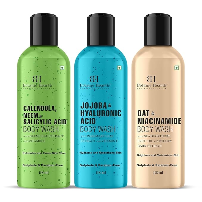 Body Wash Set of 3 – Jojoba Oat &amp Neem | Soothing &amp Exfoliating Shower Gel with Niacinamide &amp Salicylic Acid | Deep Cleansing &amp Hydrating | For All Skin Types | 118ml Each