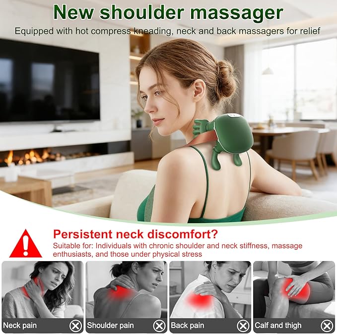 Neck Massager Neck and Back Massager with Heat &amp 4D Kneading Shiatsu Deep Tissue Wireless Massager for Shoulder Cervical Pain Relief Portable Rechargeable for Home Office (Green)