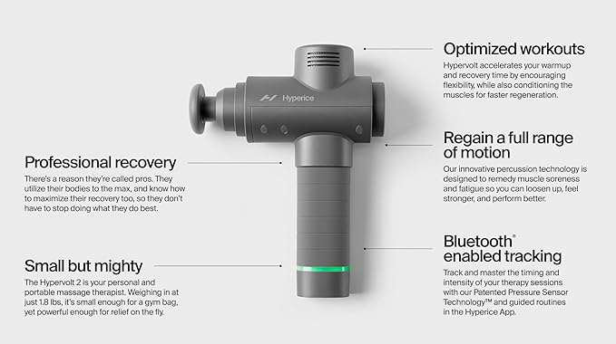 Hyperice Hypervolt 2 Grey - Featuring Quiet Glide Technology - Handheld Percussion Massage Gun | 3 Speeds 5 Interchangeable Heads | Helps Relieve Sore Muscles and Stiffness