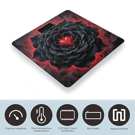 Black Mandala Heart Scale for Body Weight Sturdy Tempered Glass Weighing Scales with LCD Display Accurate Digital Bathroom Scale Convenient Body Fat Smart Scales Easy Read