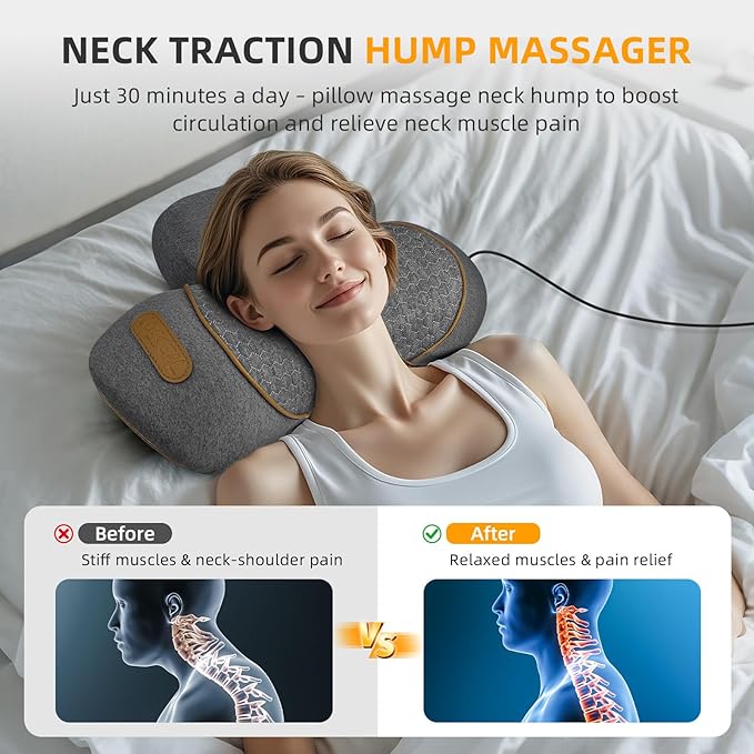 3-in-1 Neck Massager Pillow with Heat &amp Traction Deep Tissue Cervical Traction Device for Neck Hump Corrector Shoulder &amp Upper Back Pain Relief Relaxing TheraPillow Support