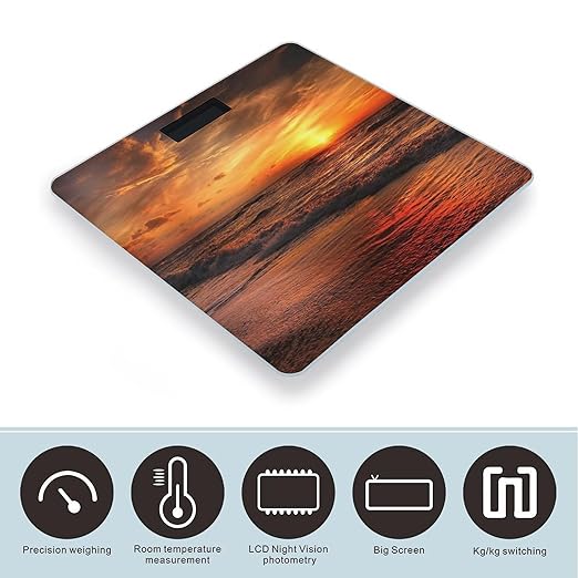 Beach and Sunset Digital Bathroom Scale for Body Weight Lighted LCD Display Round Corner