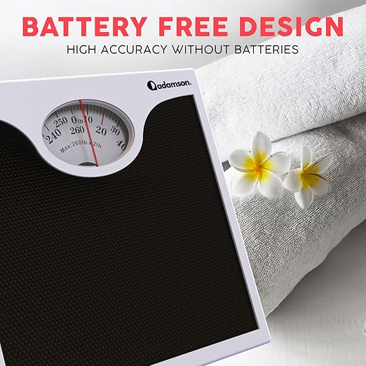 Adamson A22 Bathroom Scale for Body Weight - Up to 260 LB - Anti-Skid Rubber Surface - Analog Bathroom Weight Scales
