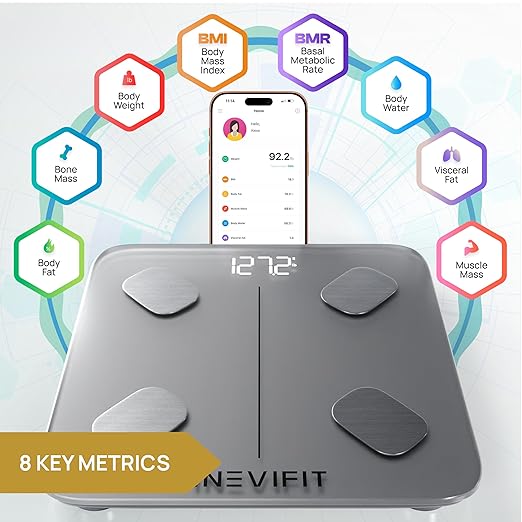 INEVIFIT Smart Body Fat Scale Highly Accurate Bluetooth Digital Bathroom Body Composition Analyzer Measures Weight Body Fat Water Muscle Visceral Fat &amp Bone Mass for Unlimited Users (Eco-SIL