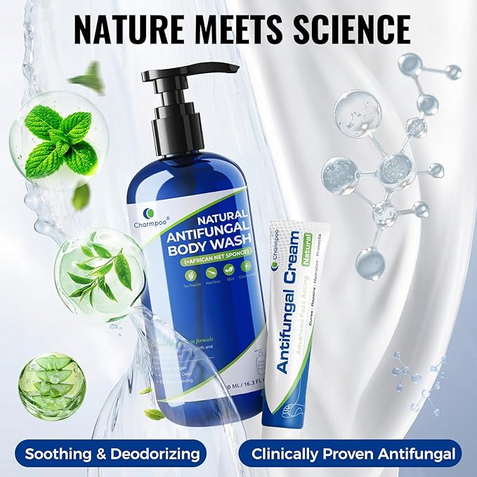 Ultimate Antifungal Bundle: Tea Tree Body Wash (16.3oz) + Miconazole Antifungal Cream (2 Pack) - Complete Treatment Kit for Athlete’s Foot Jock Itch Ringworm Body Odor &amp Eczema - Soothes I