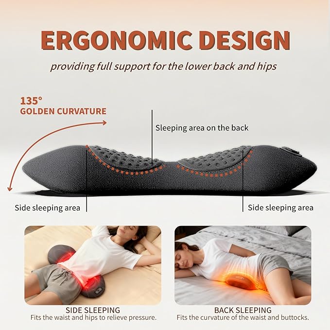 Portable 3-in-1 Rechargeable Pillow: Triple Fusion Back Massager Smooth Spine Massager Sciatica &amp Lumbar Massager with Heat Vibration Traction
