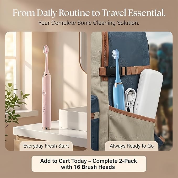 Electric Toothbrush for Adults 2 Pack Rechargeable Sonic Electric Toothbrush Cordless Battery Operated Toothbrush with 5 Modes 16 Brush Heads Travel Toothbrush Set (2PCS Pink)