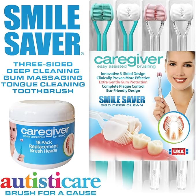 Caregiver 3-Sided Toothbrush | 4-Pack + 16 Replacement Heads | Easy Assisted Brushing for Autism Special Needs Disabilities Seniors &amp Dexterity | Gentle U-Shaped Triple Clean Soft | Made in USA