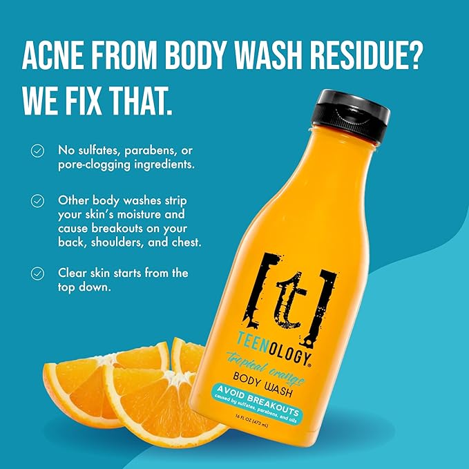 Teenology Body Wash for Teens Avoid Acne Breakouts Sulfate &amp Paraben Free with Natural Botanical Extracts for Clear &amp Healthy Skin 16 oz - (Tropical Orange)