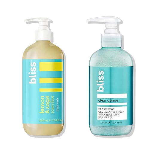 Bliss Soapy Suds Body Wash &amp Clear Genius Clarifying Cleanser - Gentle Hydrating and Purifying - All Skin Types - Clean Vegan Curelty-Free Skincare