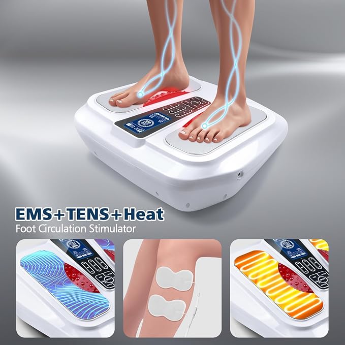 EMS Foot Massager with HeatTENS Electronic Muscle Circulation Stimulator with 4 Electrode Pads for NeuropathyRelieves Swelling Fatigue Plantar Fasciitis-Silent Operation ((White)