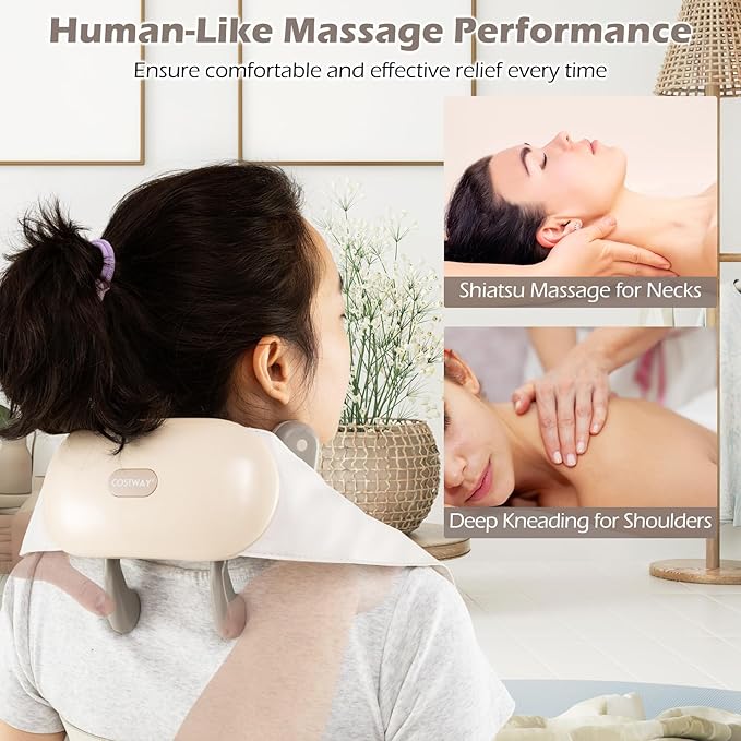 COSTWAY Neck Shoulder Massager with Heat 4D Deep Tissue Kneading Shiatsu Machine for Pain Relief Portable Cordless Neck Back Leg Massager Pillow Gift for Mom Dad Family Women Men (Beige)
