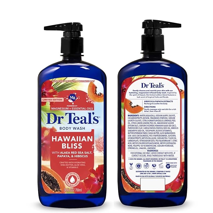 Dr Teal's Hawaiian Bliss Body Wash with Alaea Red Sea Salt Papaya and Hibiscus Magnesium and Essential Oils 24 Fl Oz 2 Pack