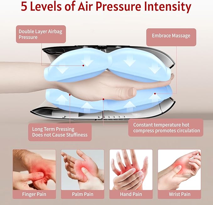 Hand massager with heating and pressure functions: This hand massager features customizable modes finger stretching function and intelligent timer—Daily Comfort for Women Men Home Office Use