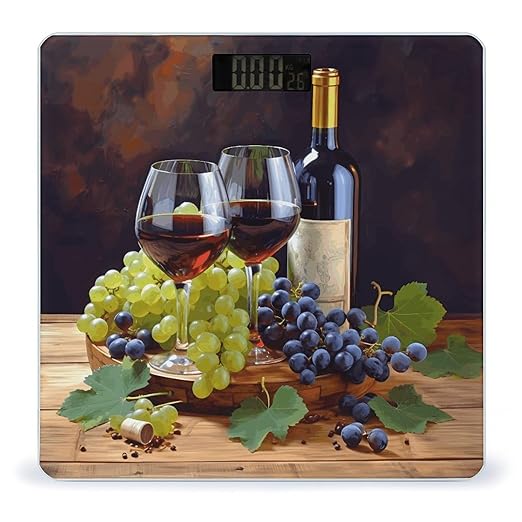 Art Red Wine Galsses &amp Grapes Scale for Body Weight High Precision Digital Weight Scales with LCD Display Anti-Slip Sturdy Slim Tempered Glass Bathroom Scale for Home Use