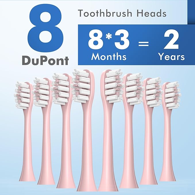 Pink Electric Toothbrush with 8 Brush Heads Sonic Toothbrush with Fast Charge 4 Hours Last 60 Days 2-Min &amp 30s Smart Timer IPX7 Waterproof(Pink)