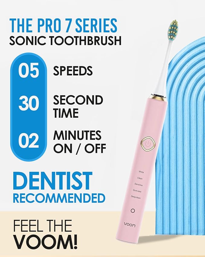 Voom Sonic Pro 7 Series Rechargeable Electronic Toothbrush Advanced Oral Care Technology 2-Minute Timer w/Quadrant Pacing 5 Adjustable Speeds