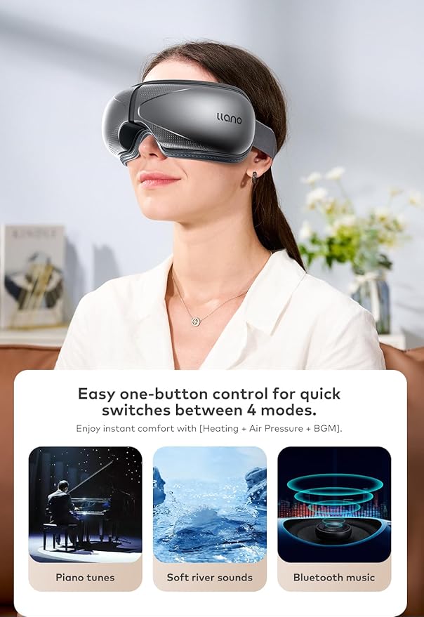 llano Eye Massager with Heat Heated Eye Mask with MusicFoldable Eye Care Face Eye Massager for Relax Eye Strain Dark Circle Dry Eye Birthday Holidays Gifts for Women/Men (Grey)