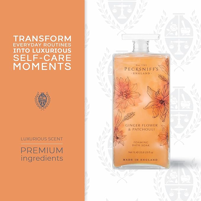 Pecksniff’s GingerFlower &amp Patchouli Foaming Bath Soak – Luxury Bubble Bath 1L / 33.8 fl oz Made in England
