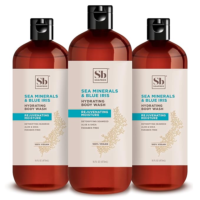 Soapbox Body Wash Sea Minerals &amp Blue Iris Moisturizing Body Wash Cleanser Aloe Vera &amp Shea Butter Silicone &amp Cruelty Free &amp Vegan 16oz Bottles (Pack of 3)