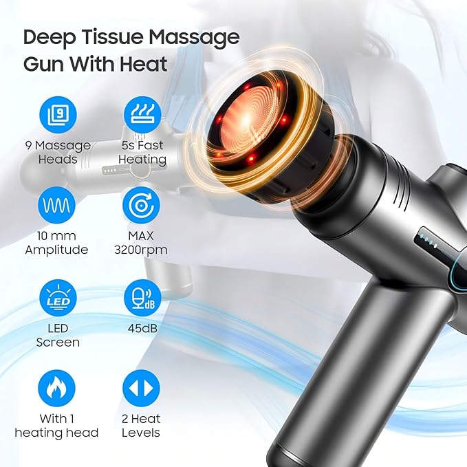 Massage Gun with Heat Compact Handheld Massager for Home Office &amp Gym Mini Massage Gun with 7 Massage Heads Quiet and Portable