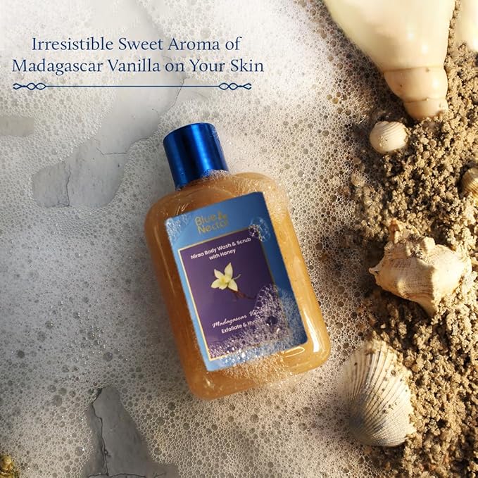 Blue Nectar Vanilla Body Wash &amp Scrub with Honey for Deep Cleansing Exfoliation Anti-cellulite Anti-aging Tan Removal and Repair (10 Herbs 8.4 Fl Oz)
