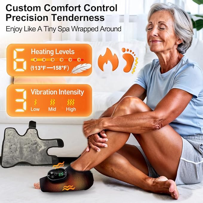 Foot Massager for Neuropathy Plantar Fasciitis Pain Relief Cordless Heated Vibrating Cloud-Soft Ankle Wrap Feet Massage Portable 2H Run Time 6 Heats 3 Modes Auto-Off Timer1 Pair
